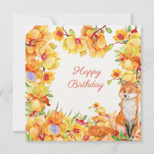 Flores de orquídeas amarillas y Fox felices cumple