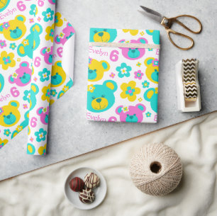 Flores de oso de peluche papel regalo de nombre de