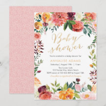 Flores de otoño e invitación Baby Shower al oro