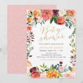 Flores de otoño e invitación Baby Shower al oro