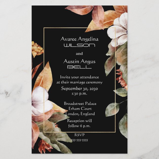 Flores de otoño y hojas Invitación a la boda (Anverso)