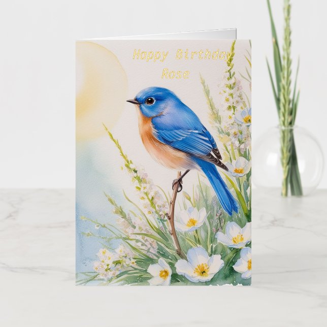 Flores de pájaro azul personalizadas acuarela cump (Anverso)
