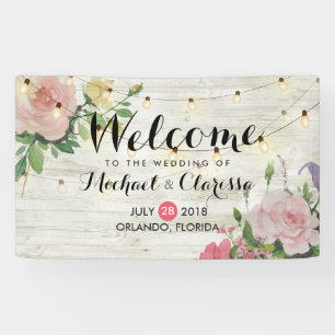 Flores de pancarta y cuerdas bodas iluminan madera