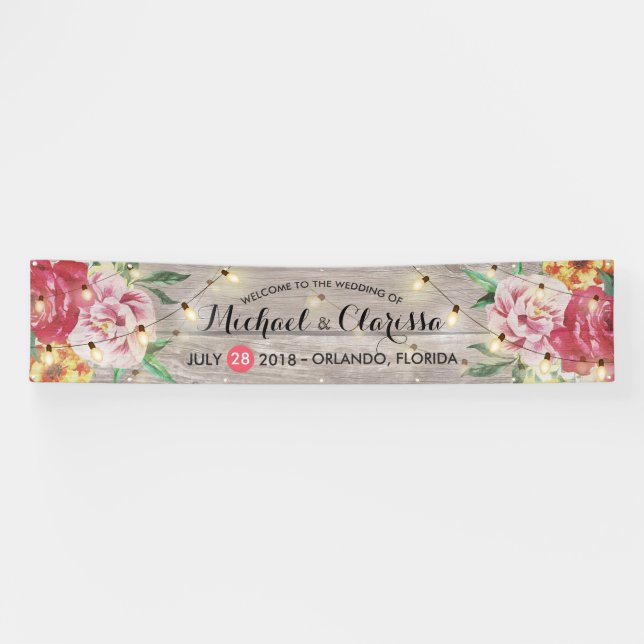 Flores de pancarta y cuerdas bodas iluminan madera (Horizontal)