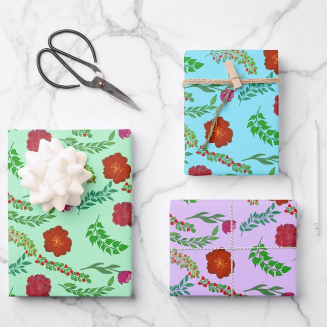 FLORES DE PEONÍA ROJA Y DE POBRE CON HOJAS VERDES (Anverso)