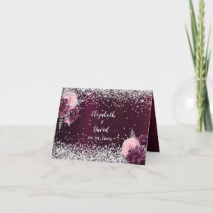 Flores de plata de Borgoña boda tarjeta de lugar