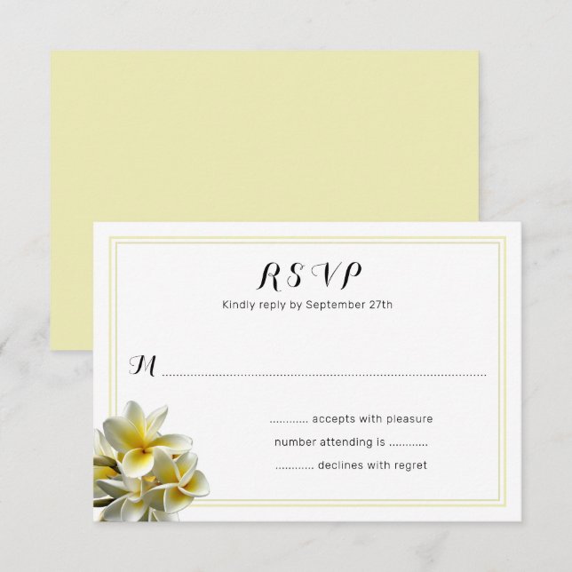 Flores de Plumeria Amarilla Boda Tarjetas RSVP (Anverso / Reverso)