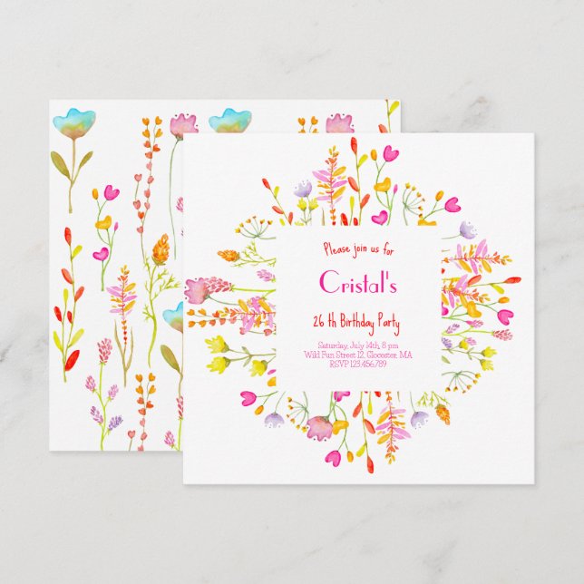 Flores de prados adultos Invitación de cumpleaños (Anverso / Reverso)