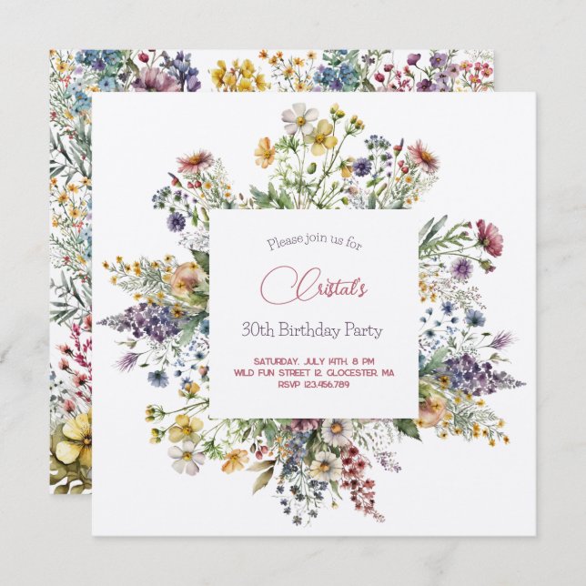Flores de prados adultos Invitación de cumpleaños (Anverso / Reverso)