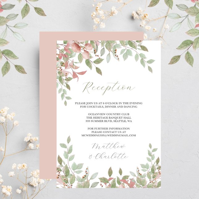 Flores de primavera acuarela Recepción de boda ros (Watercolor Leaves, Green & Pink Wedding Reception Enclosure Card)