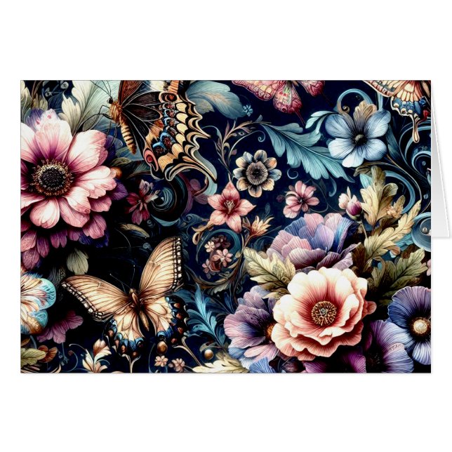 Flores de primavera antigua y mariposas en blanco (Anverso (Horizontal))