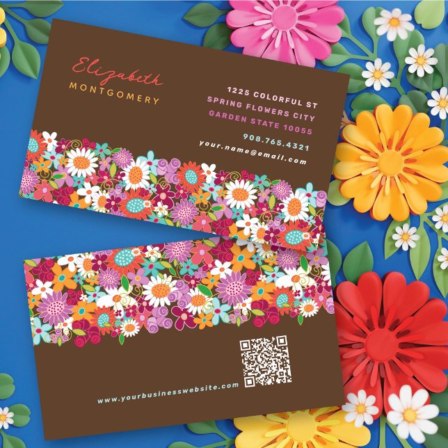 Flores de primavera extravagantes Tarjetas de visi (Bright & Colorful Chic Fun Whimsical Spring Flowers Garden Business / Profile Card @ fat_fa_tin)
