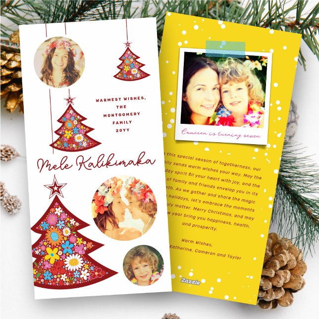 Flores de primavera Ornamentos de árbol de Navidad (Spring Flowers Christmas Tree Ornaments Mele Kalikimaka 3 Photo Holiday Card @ fat_fa_tin)