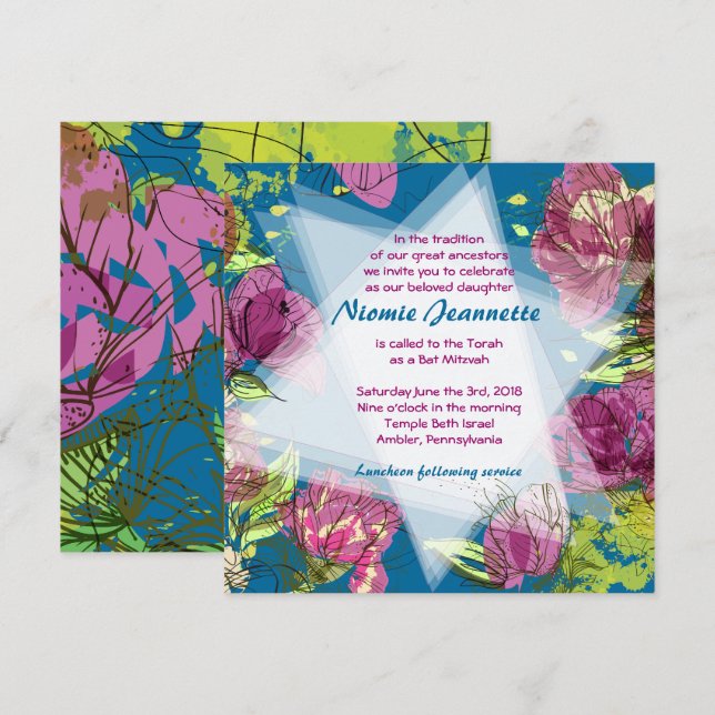 FLORES DE PRIMAVERA PINTADA Invitación Bat Mitzvah (Anverso / Reverso)