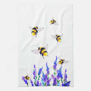 Flores de primavera y toalla de cocina de abejas