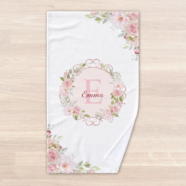 Flores de Rosa Rosa Blush de Acuarela con Monogram (Close up)