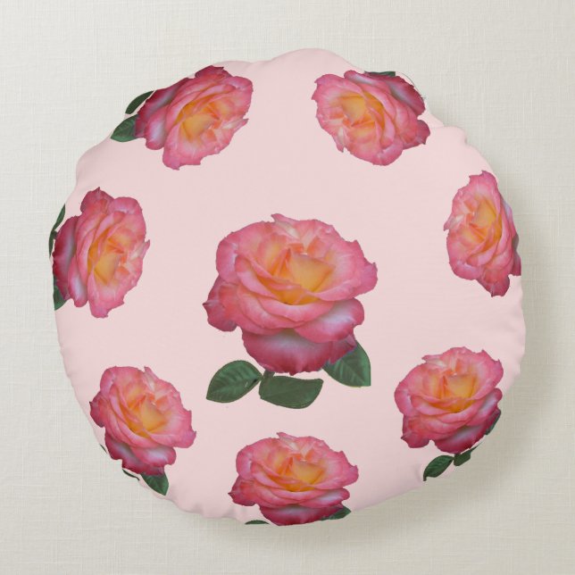 Flores de rosa rosadas sobre cojín redondo rosa cl (Reverso)