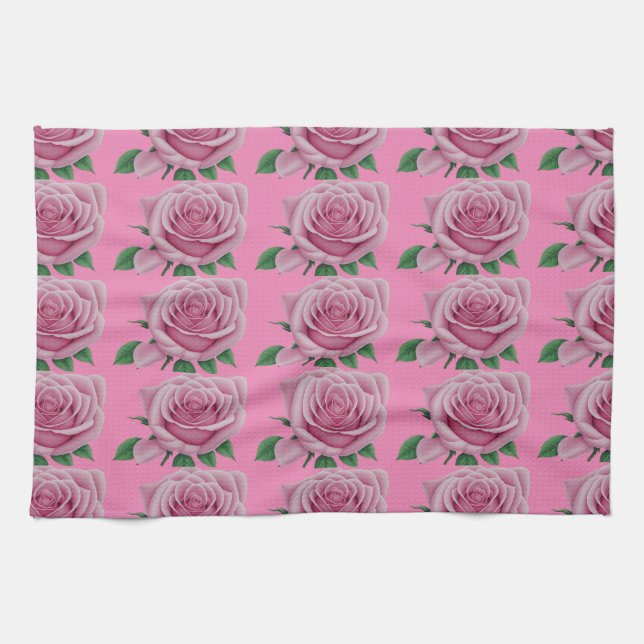 "Flores de Rosa: toalla moderna de cocina rosa (Horizontal)