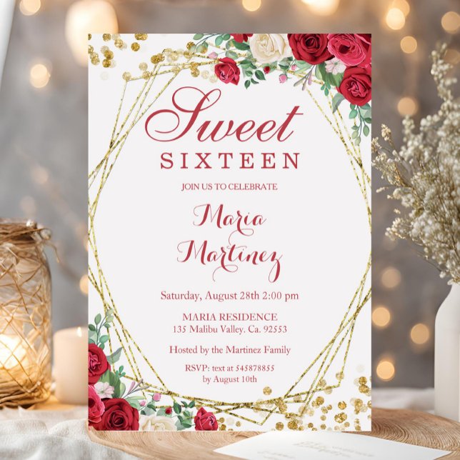 Flores de rosas rojas dulces invitaciones a los 16 (Subido por el creador)