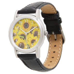 Flores de sol en reloj de cuero negro femenino
