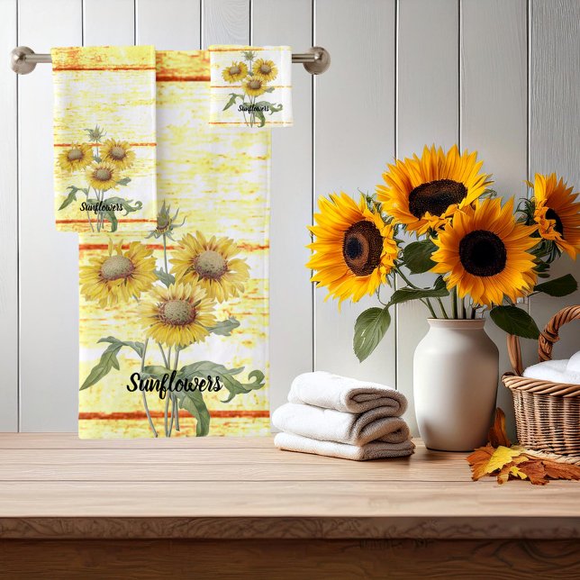 Flores de sol sobre toallas de baño de madera (Subido por el creador)