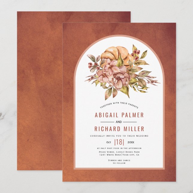 Flores de terracota e invitación a la boda de la c (Anverso / Reverso)