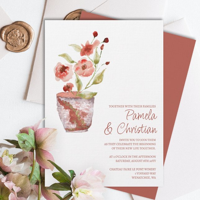 Flores de terracota, invitaciones a bodas de cacer (terracotta clay potted plant simple wedding invitation rust copper pink light green leaves wedding )