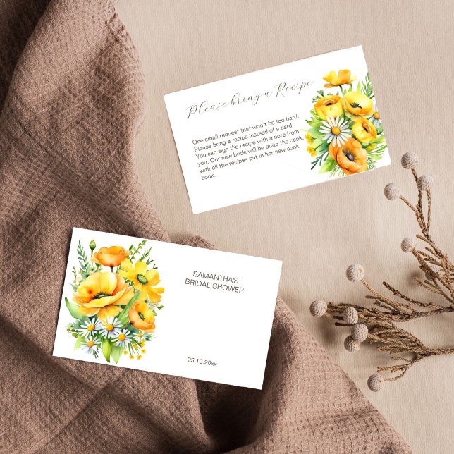 Flores de verano de primavera tarjeta de receta pa (Spring summer yellow wild flowers bridal shower recipe request enclosure card)