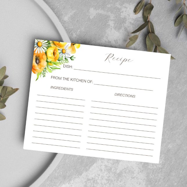 Flores de verano de primavera tarjeta de receta pa (Spring summer yellow flowers bridal shower recipe card)