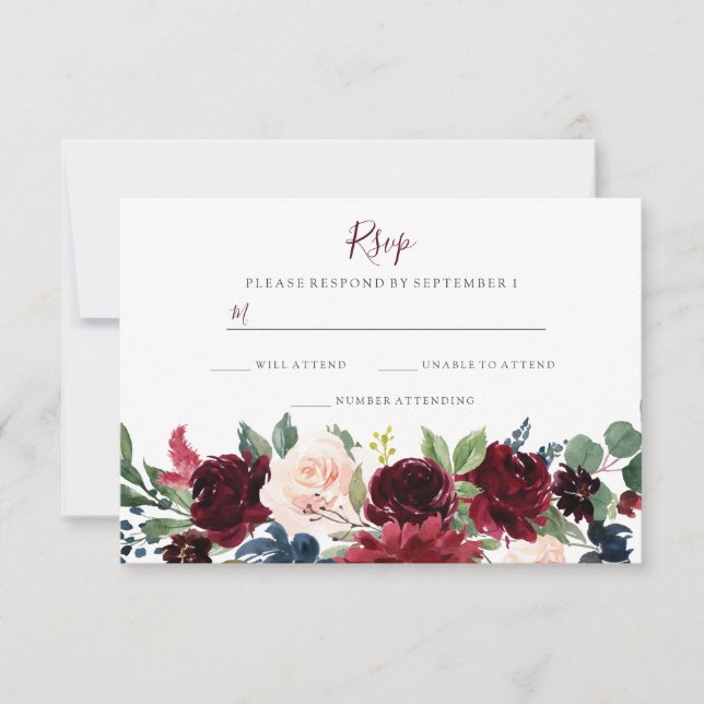 Flores de vino rojo de Borgoña Elegante Boda RSVP (Anverso)