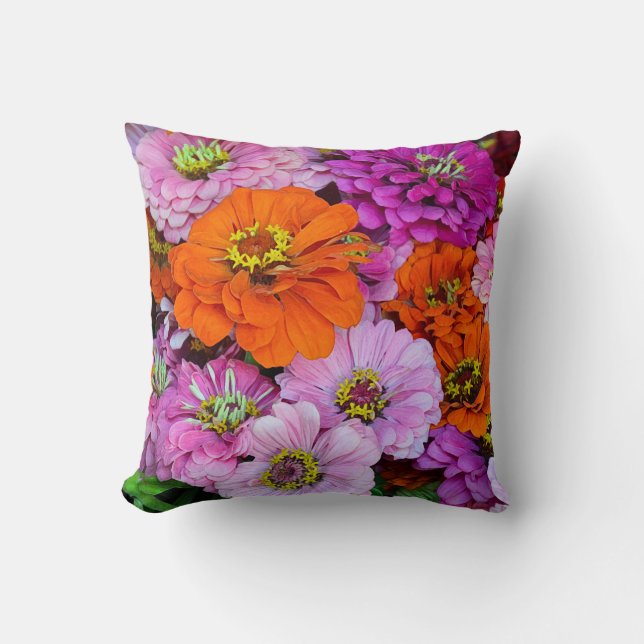 flores de zinnia naranja y púrpura tiran almohada (Anverso)