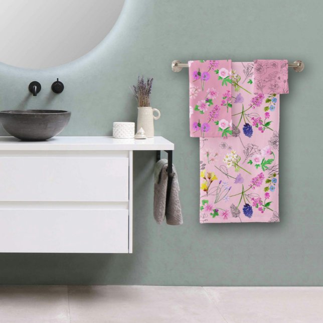 Flores del campo sobre rosa (Flowers of the pink field bath towel set)