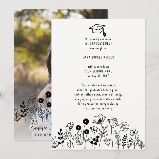 Flores dibujadas a mano Invitación de graduación (Anverso / Reverso)