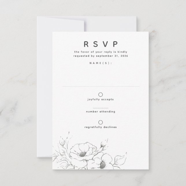 Flores dibujando elegante matrimonio mínimo RSVP (Anverso)