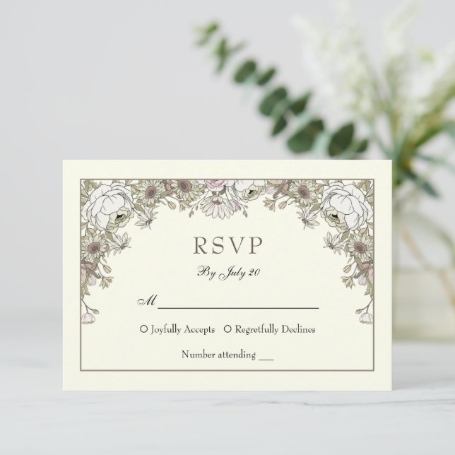 Flores dibujando la tarjeta rsvp de boda romántica (Anverso de pie)