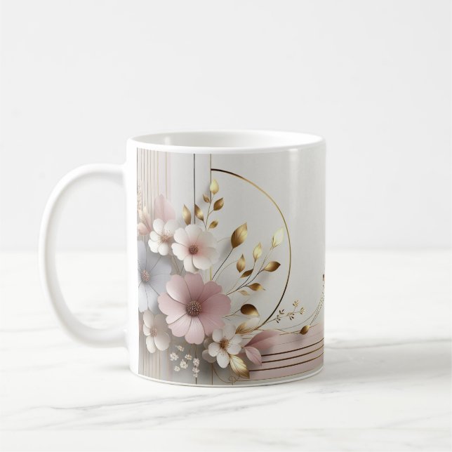 Flores doradas en la taza rosa pastel/ personaliza (Izquierda)