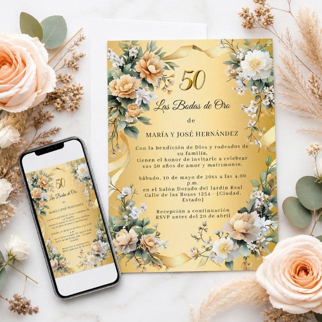Flores Doradas Invitación Bodas de Oro (Subido por el creador)