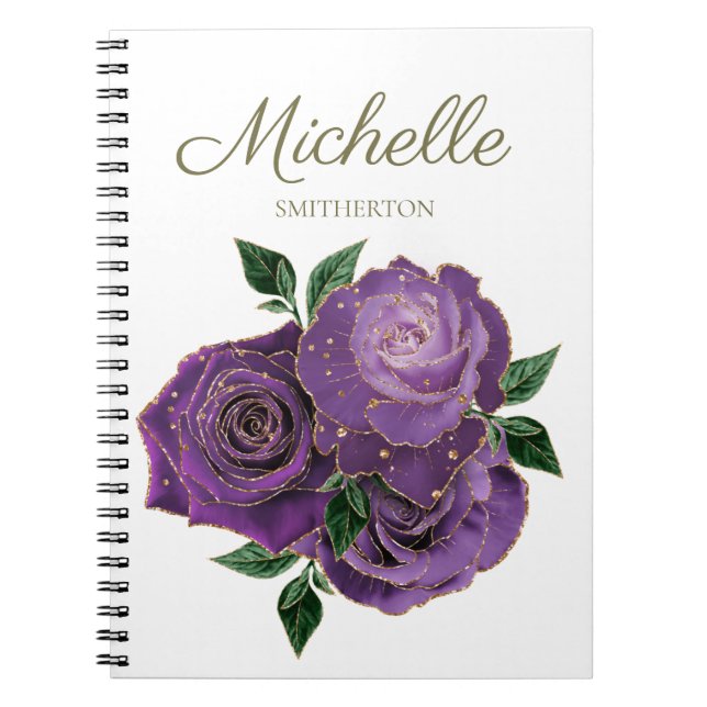 Flores doradas moradas Cuaderno blanco personaliza (Frente)