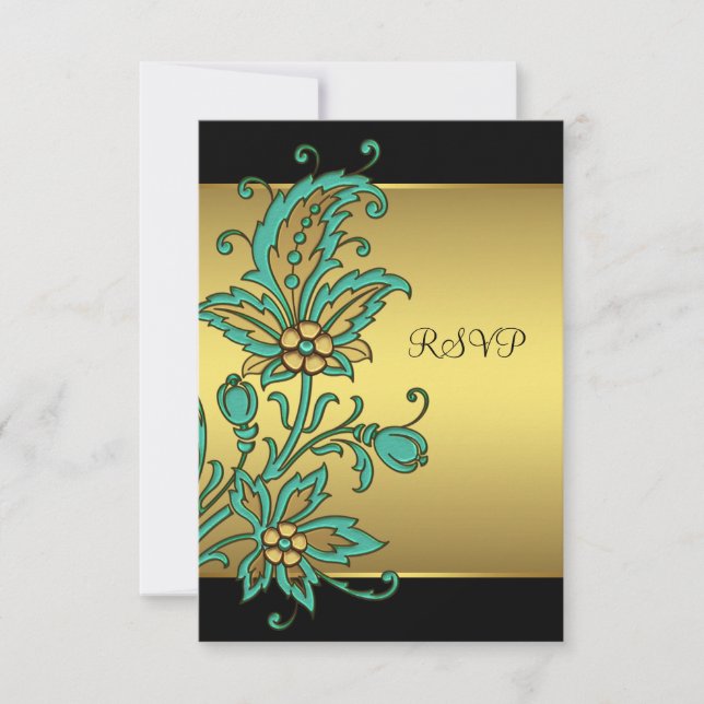 Flores doradas turquesas Bat Mitzvah RSVP de oro n (Anverso)