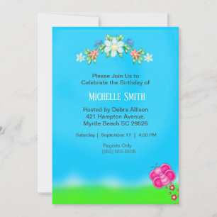 Flores e invitaciones de cumpleaños a la mariposa