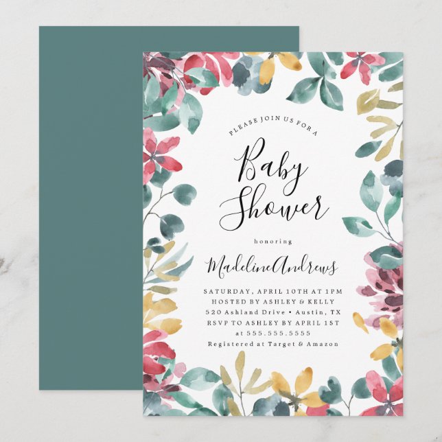 Flores elegantes | Invitación a Baby Shower con fl (Anverso / Reverso)