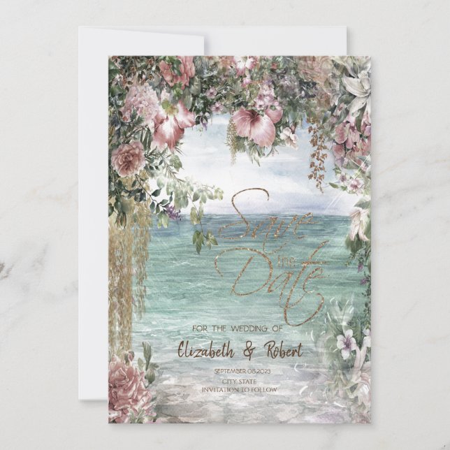 Flores Elegantes Tarjeta Del Océano De La Fecha (Anverso)