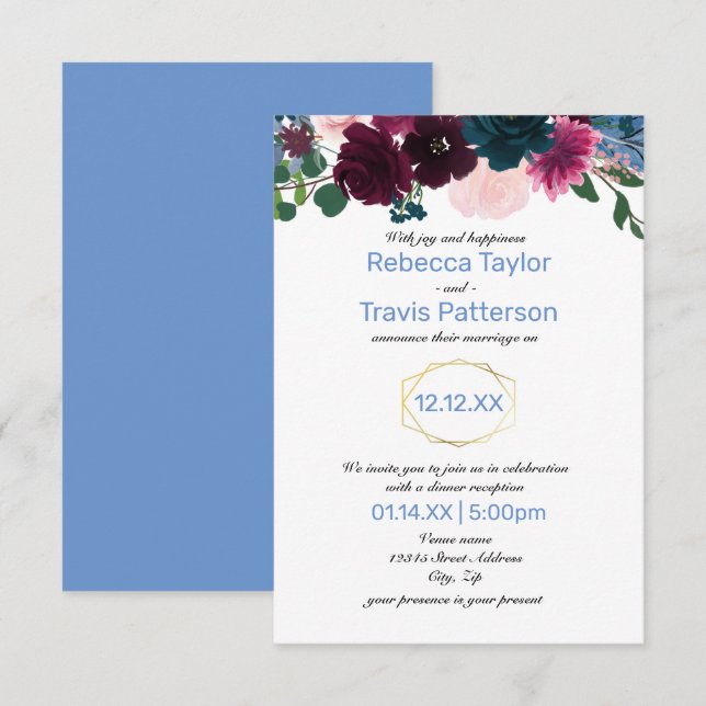 Flores en Flor Azul -3x5 Anuncio de Boda/Recepción (Anverso / Reverso)