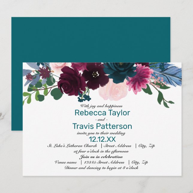 Flores en Flor Teal - Invitación de Boda/Recepción (Anverso / Reverso)