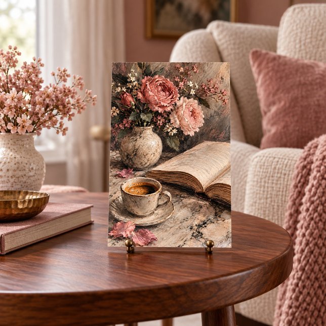 Flores en Mesa de Café Arte Impreso (4 x 6 inch unframed semi-gloss print. All paint textures are flat printed. Scene props not included.)