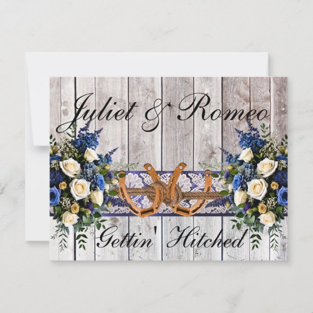 Flores, encaje y herraduras, cinta azul invitada (Anverso)