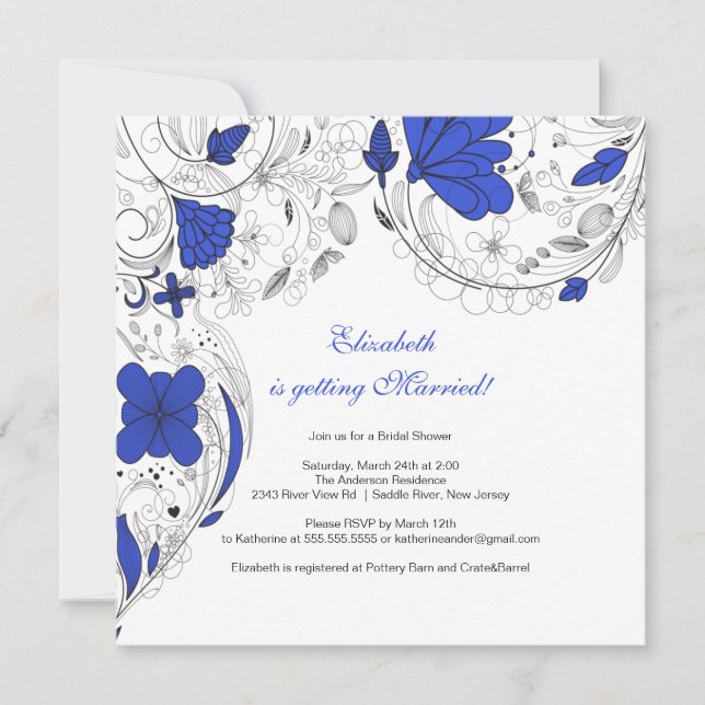 Flores florales Ducha Bridal Invitación Royal Blue (Anverso)