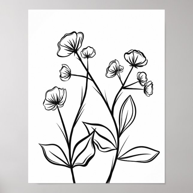 Flores florecientes Línea Arte Negro y Blanco (Frente)