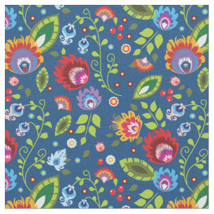🌺 🌹 🌷 Flores folclóricas sobre tela azul clásic