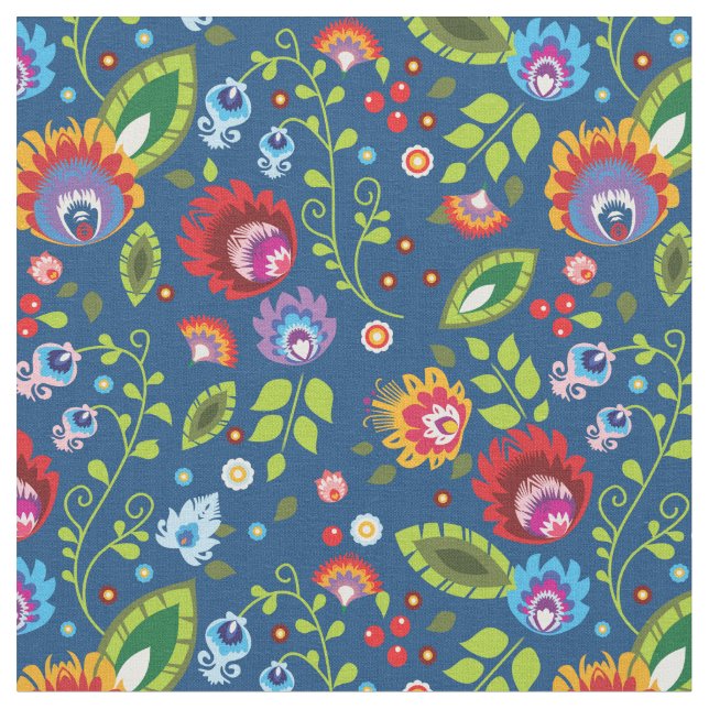 🌺 🌹 🌷 Flores folclóricas sobre tela azul clásic (De cerca)
